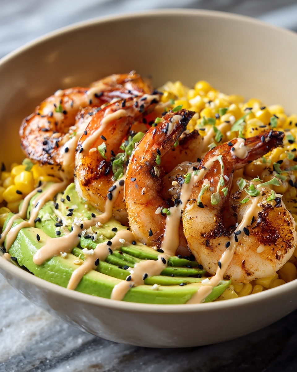 Grilled Shrimp Bowl with Avocado, Corn Salsa & Creamy Sauce Recipe - Recipe Image