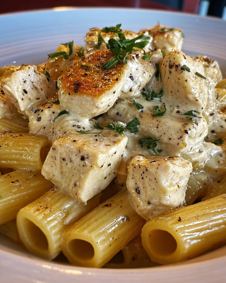 Creamy Garlic Butter Chicken and Rigatoni in Parmesan Sauce Recipe - Recipe Image