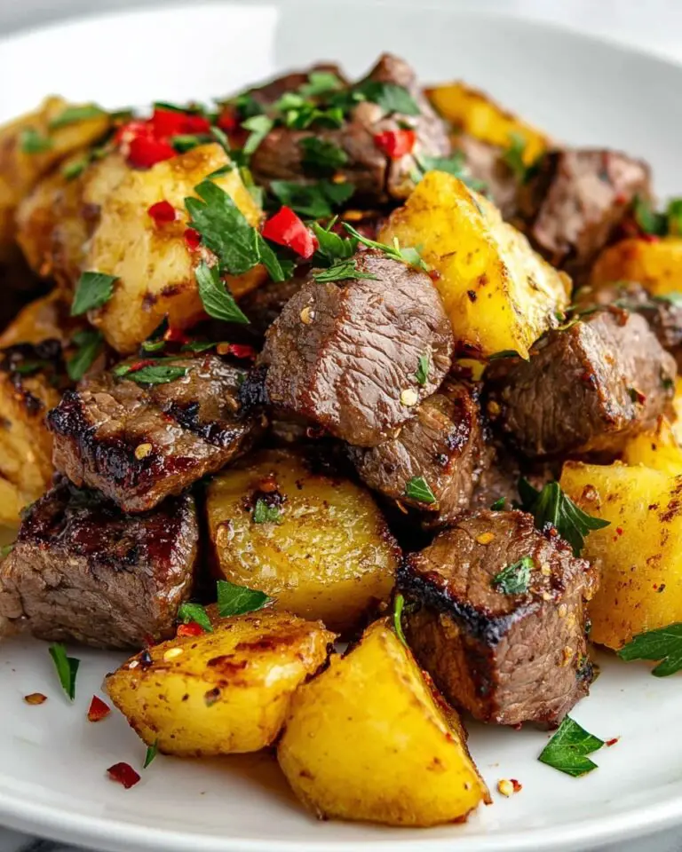 Air Fryer Garlic Steak Bites and Potatoes Recipe