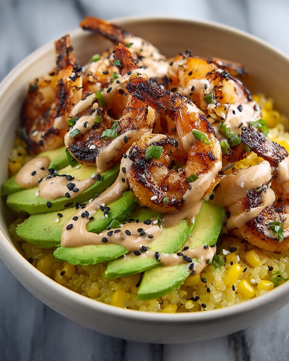 Grilled Shrimp Bowl with Avocado, Corn Salsa & Creamy Sauce Recipe - Recipe Image