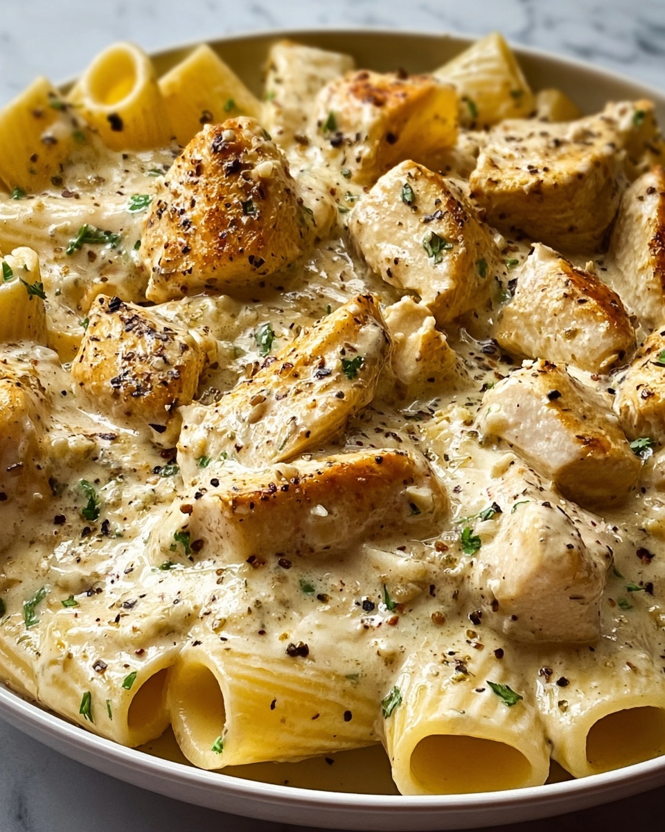 Creamy Garlic Butter Chicken and Rigatoni in Parmesan Sauce Recipe - Recipe Image