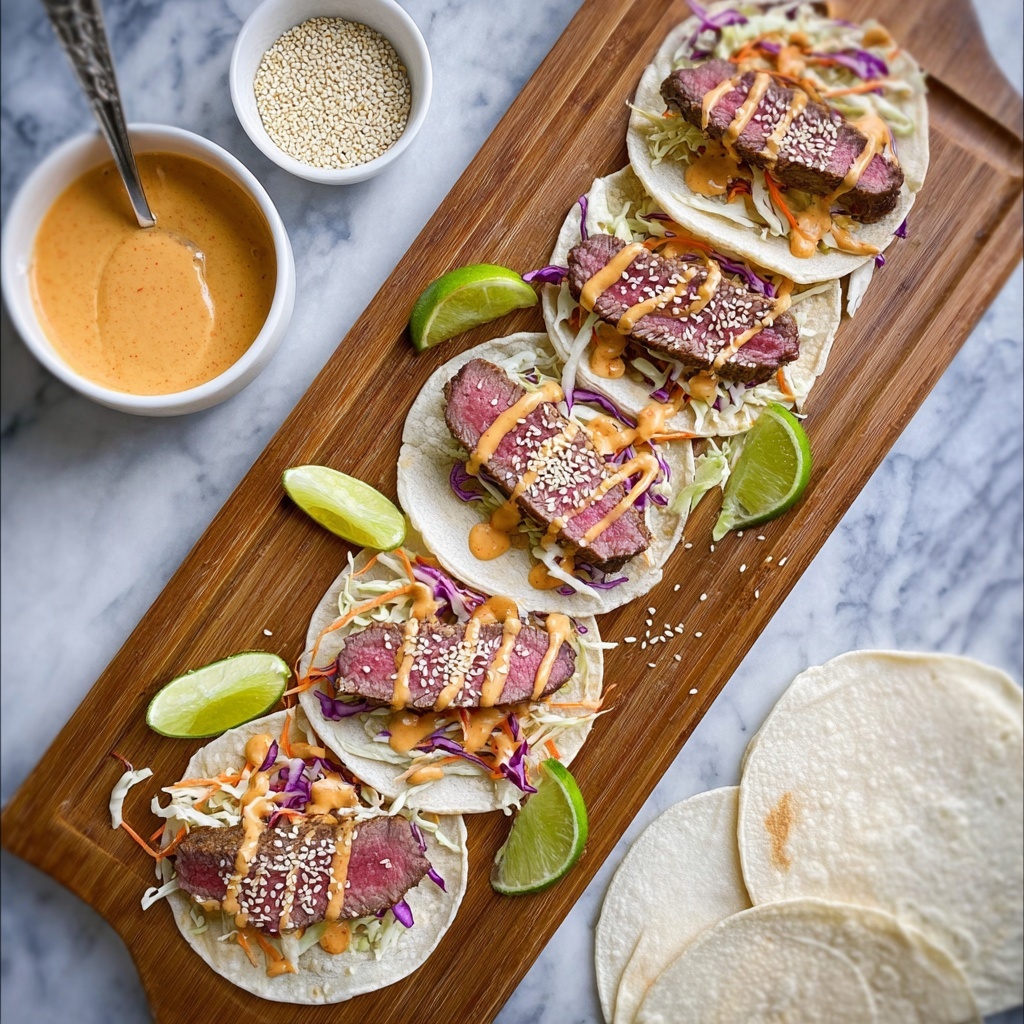 Tuna Steak Tacos with Sriracha Mayo and Cabbage Coleslaw Recipe - Recipe Image