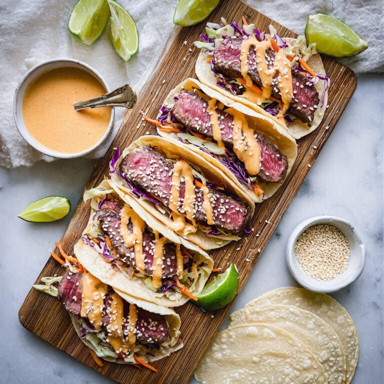 Tuna Steak Tacos with Sriracha Mayo and Cabbage Coleslaw Recipe