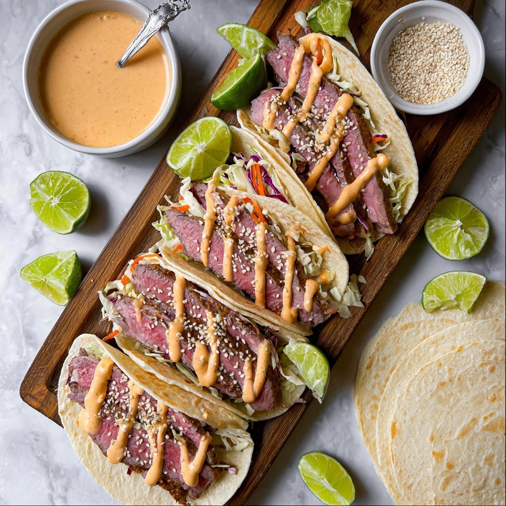 Tuna Steak Tacos with Sriracha Mayo and Cabbage Coleslaw Recipe - Recipe Image