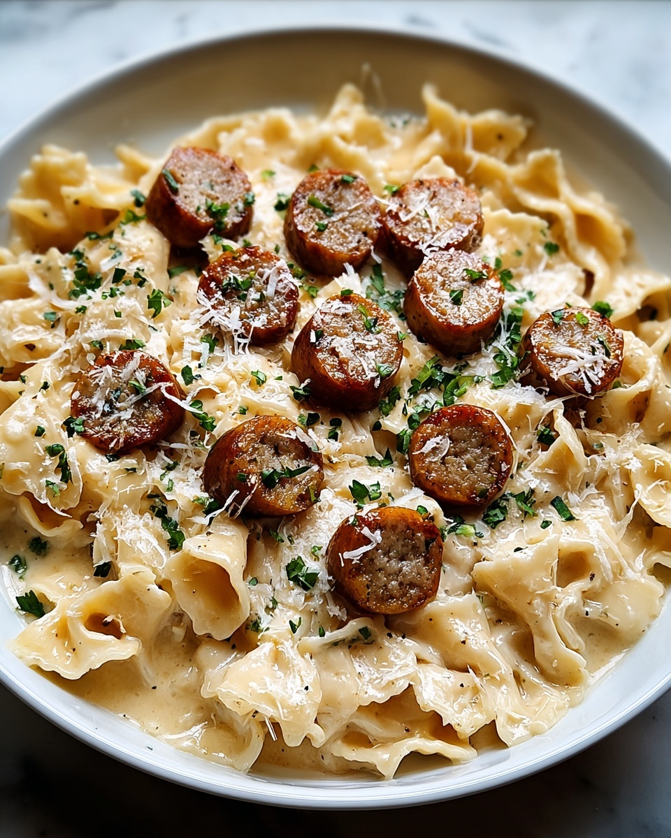 Garlic Butter Sausage with Creamy Parmesan Pasta Recipe - Recipe Image