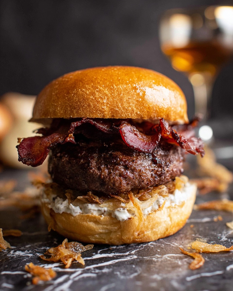 Beef Burgers with Bacon, Horseradish Mayo & Fried Onions Recipe - Recipe Image
