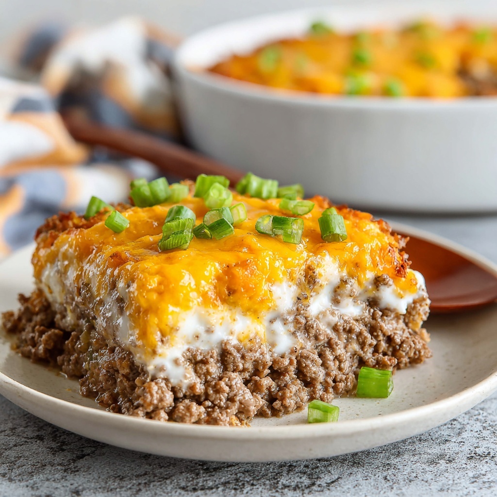 Creamy Ground Beef and Green Bean Casserole with Cheddar and Mozzarella Recipe - Recipe Image
