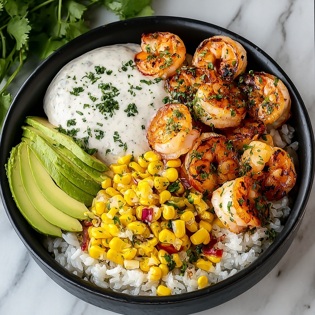 Grilled Shrimp Bowl with Avocado, Corn Salsa & Creamy Garlic Sauce Recipe - Recipe Image
