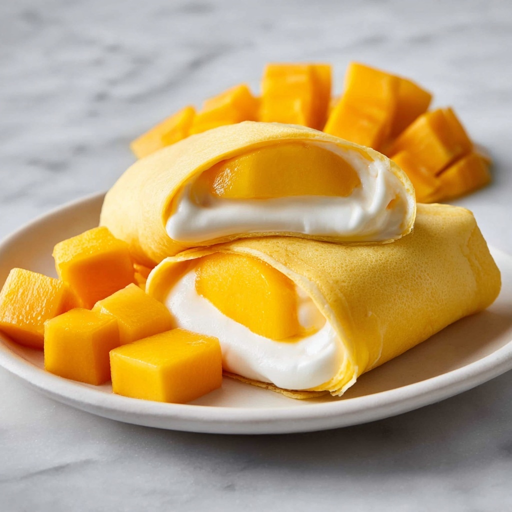 Mango Pancakes with Cream and Fresh Mango Pieces Recipe - Recipe Image