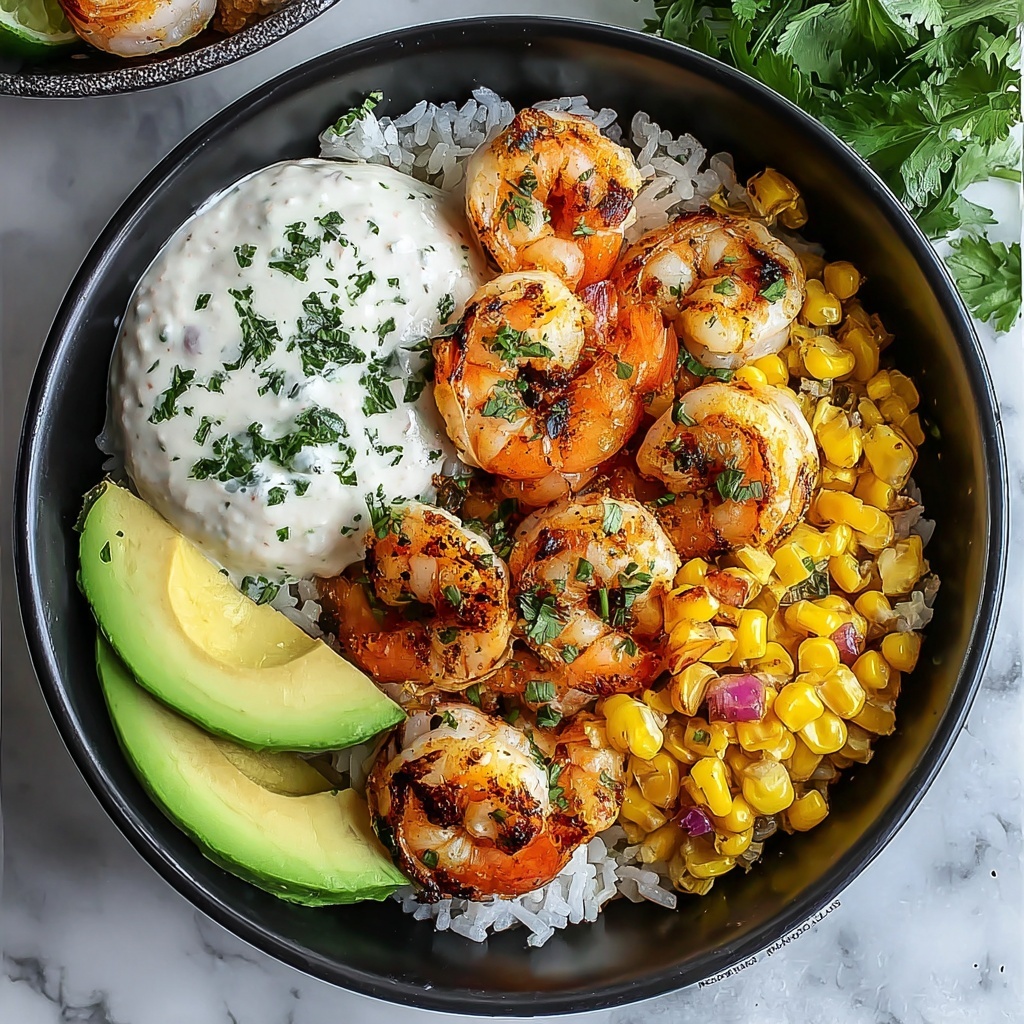 Grilled Shrimp Bowl with Avocado, Corn Salsa & Creamy Garlic Sauce Recipe - Recipe Image