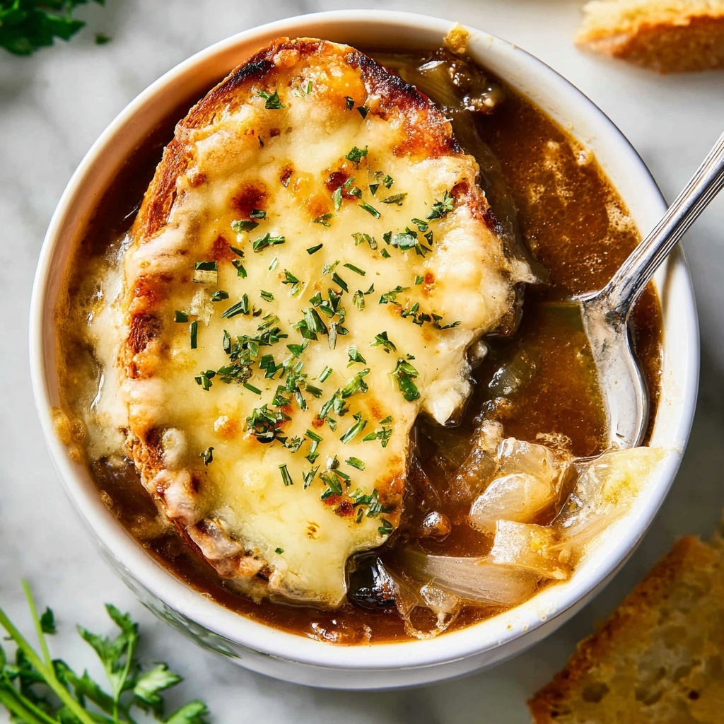 Classic French Onion Soup with Caramelized Onions and Melty Cheese Recipe - Recipe Image