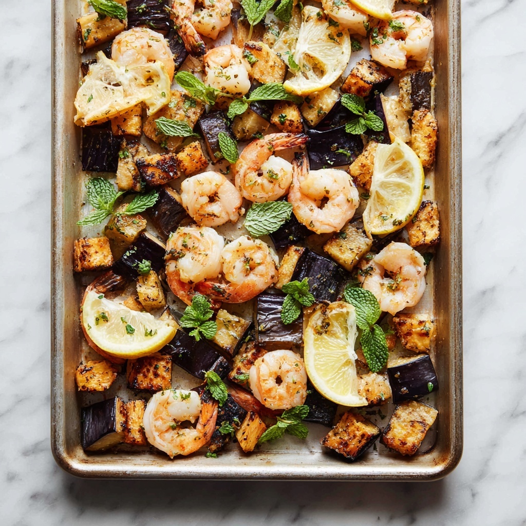 Roasted Eggplant and Shrimp with Harissa and Fresh Mint Recipe - Recipe Image