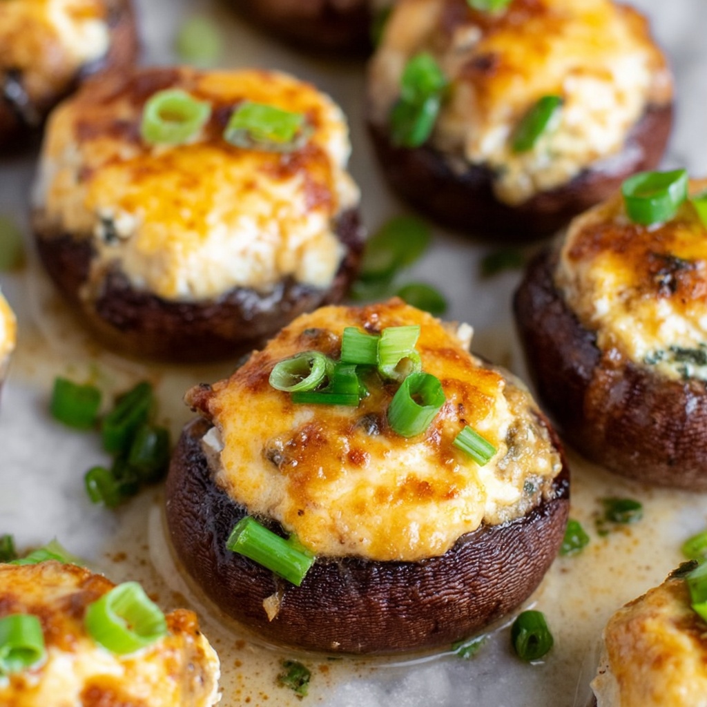 Bacon Blue Cheese Stuffed Mushrooms with Creamy Hot Sauce Recipe - Recipe Image