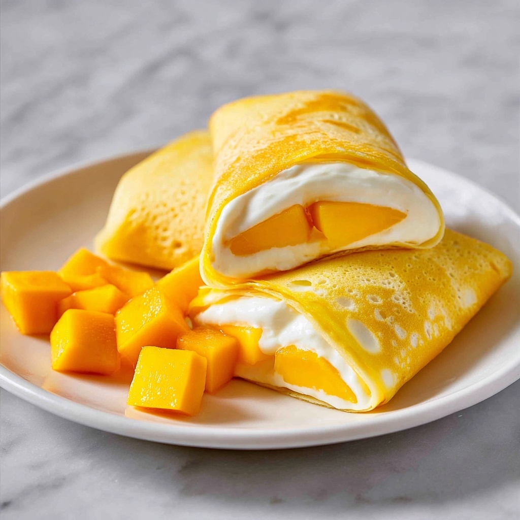 Mango Pancakes with Cream and Fresh Mango Pieces Recipe - Recipe Image