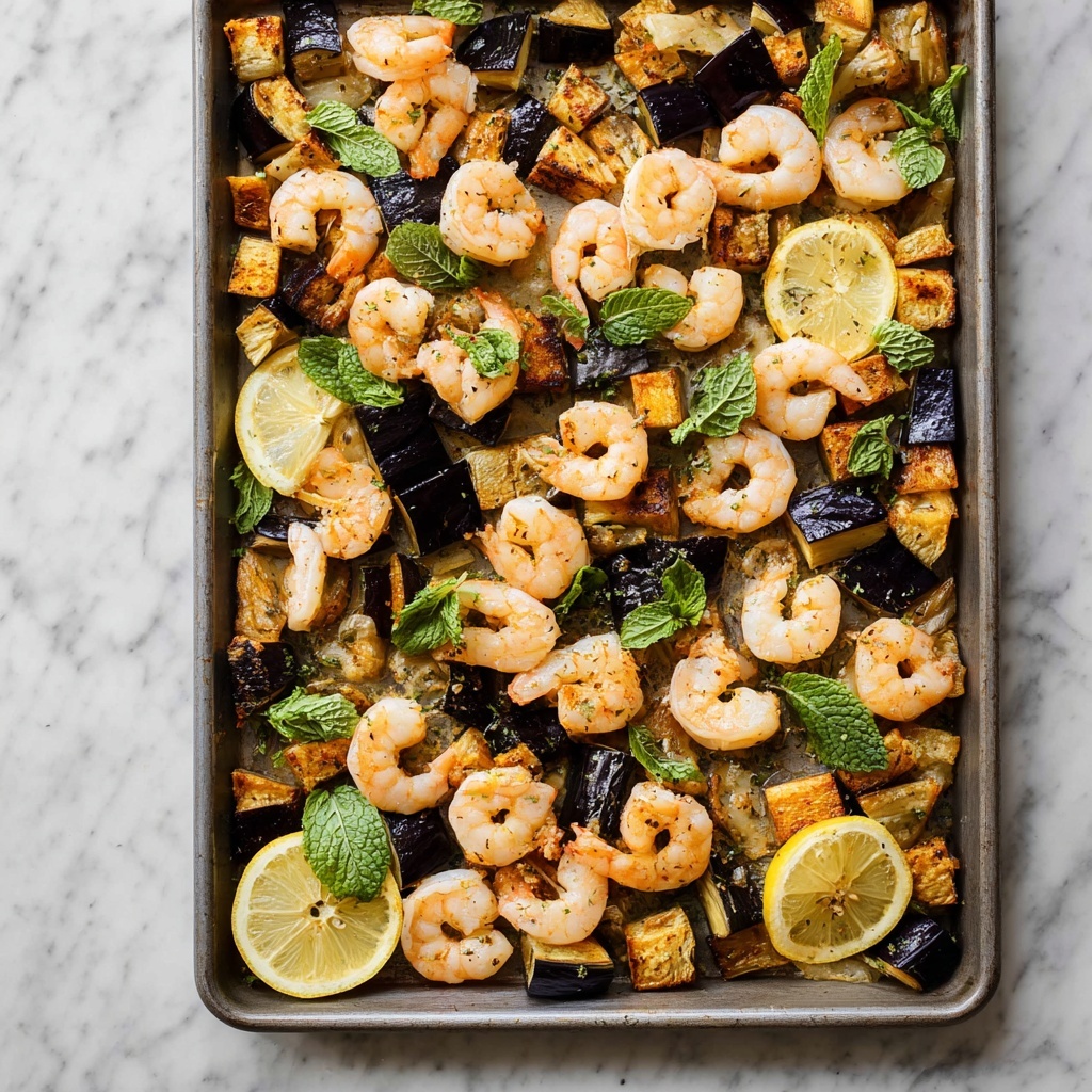 Roasted Eggplant and Shrimp with Harissa and Fresh Mint Recipe - Recipe Image