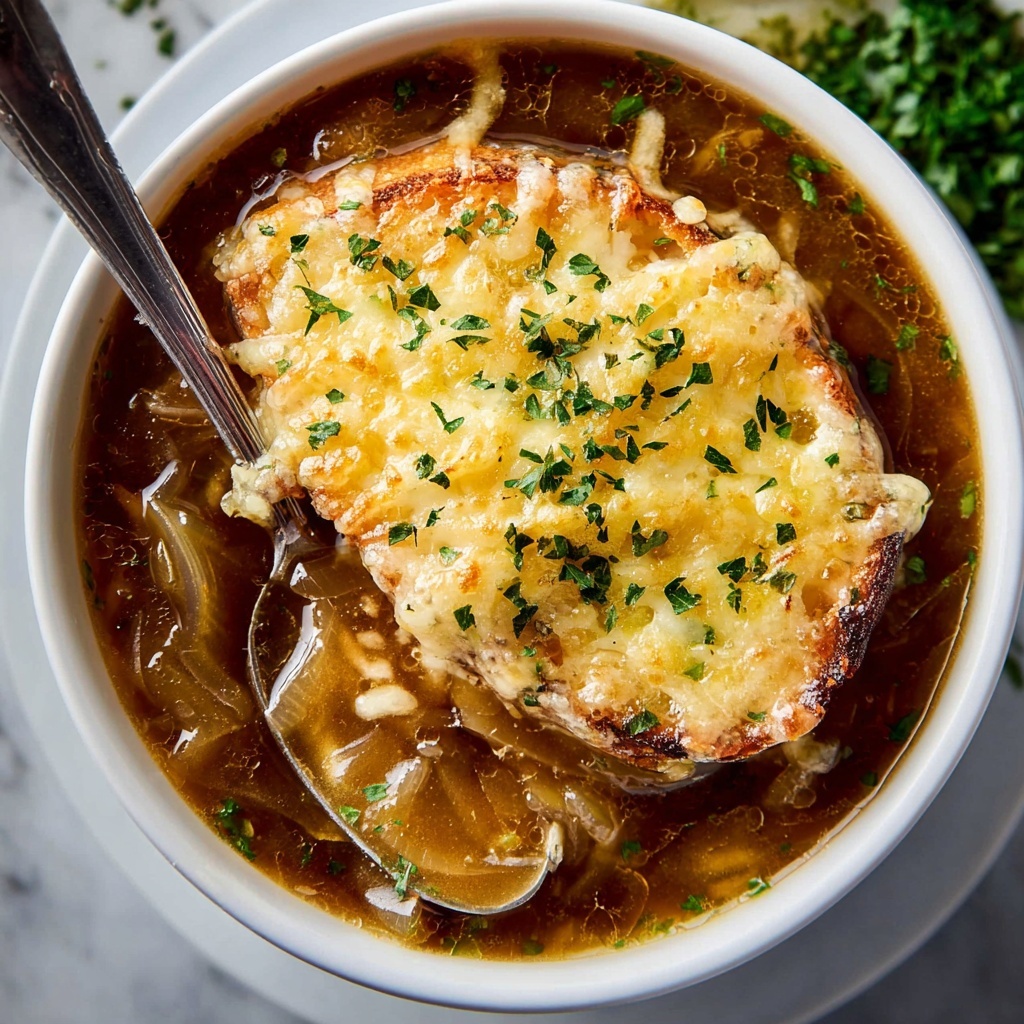 Classic French Onion Soup with Caramelized Onions and Melty Cheese Recipe - Recipe Image