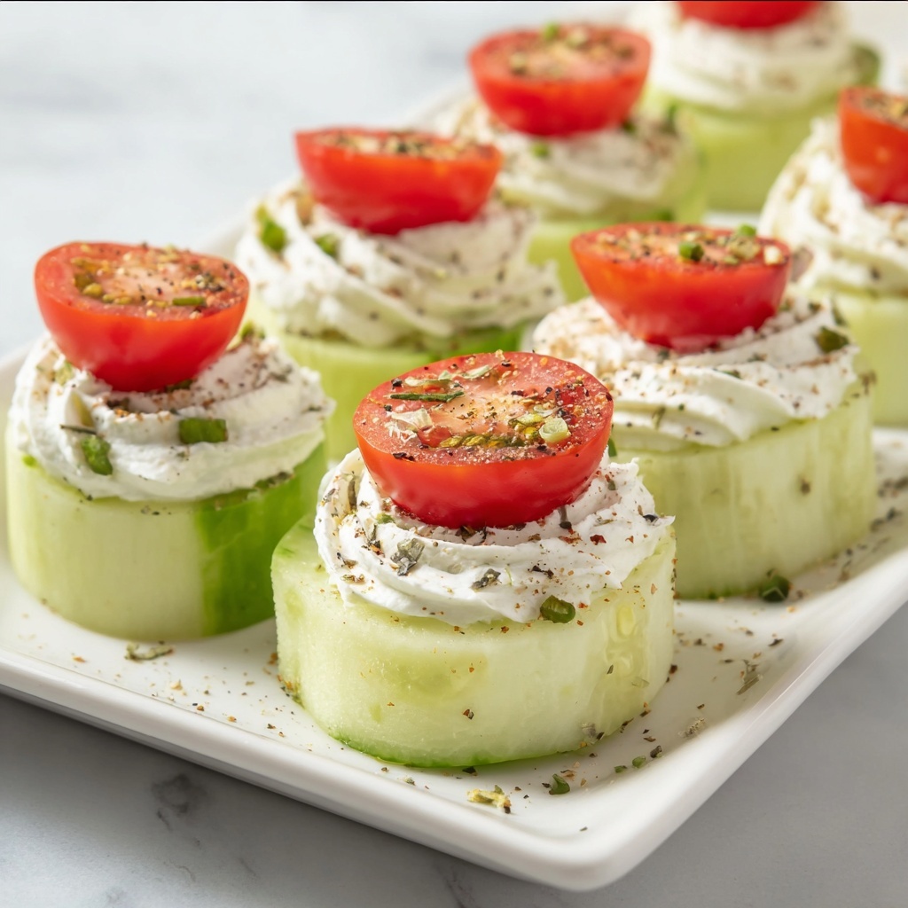 Cucumber Bites with Cream Cheese, Dill, and Cherry Tomato Toppers Recipe - Recipe Image