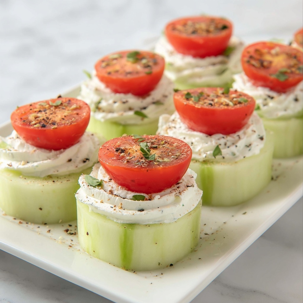 Cucumber Bites with Cream Cheese, Dill, and Cherry Tomato Toppers Recipe - Recipe Image