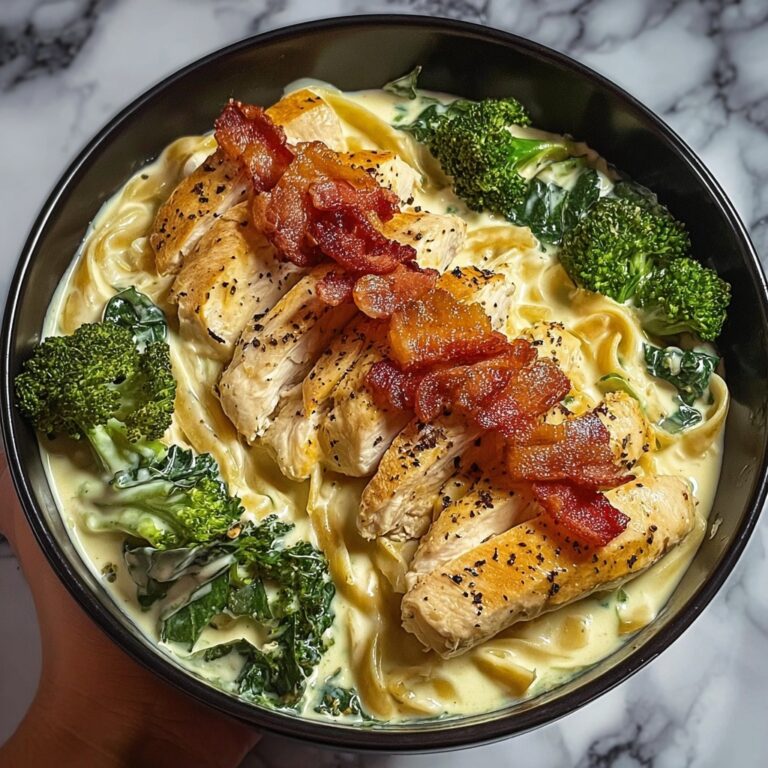 Creamy Garlic Butter Chicken Alfredo with Crispy Bacon, Spinach & Broccoli Recipe