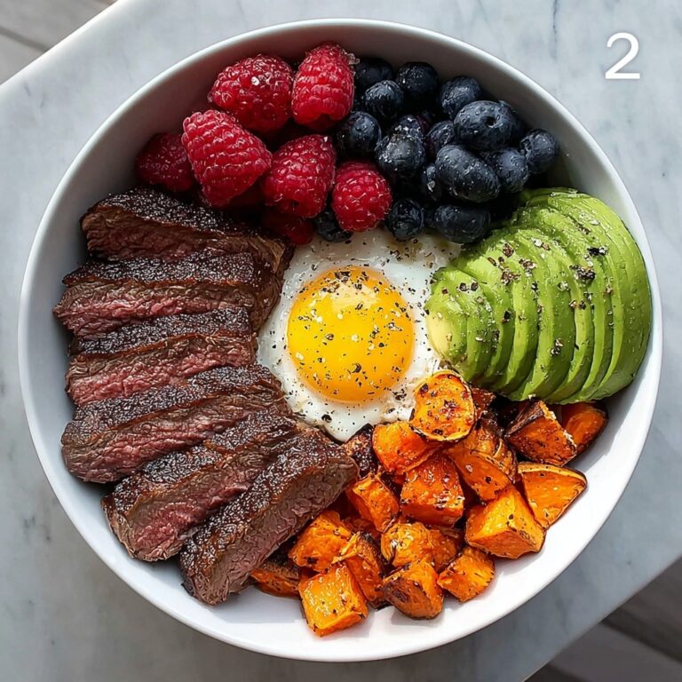 Steak & Sunny Eggs Power Plate with Sweet Potato, Avocado & Berries Recipe